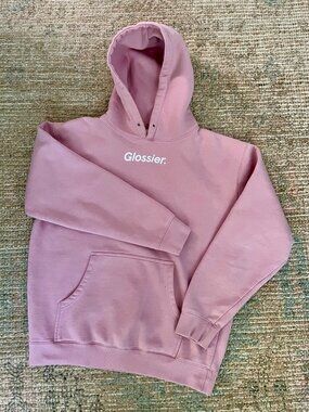 Glossier Women’s Unisex Embroidered Pink Logo Hoodie Sweatshirt Medium